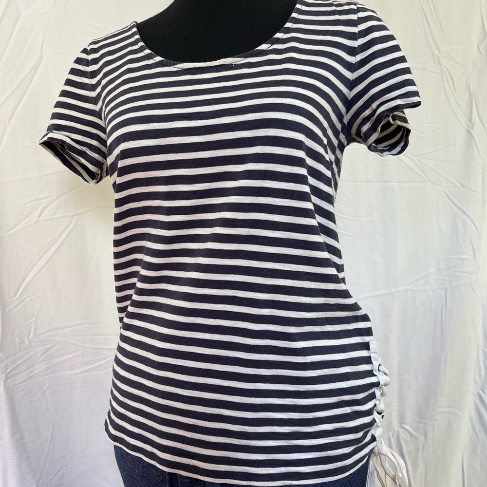 JCrew navy blue and white striped tee with side tie detail.
